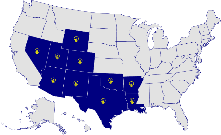 US Map with states highlighted where Bryte Light services