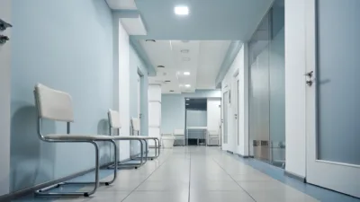 Hospital hallway with soft lighting to help keep the mood calm.