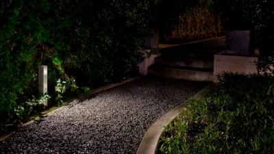 Bollard type light on a pathway