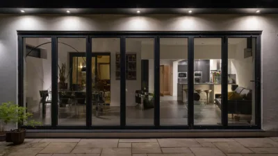 Outdoor patio sliding glass doors with downlighting above them shining below.