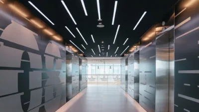 Hallway with many long linear lights above